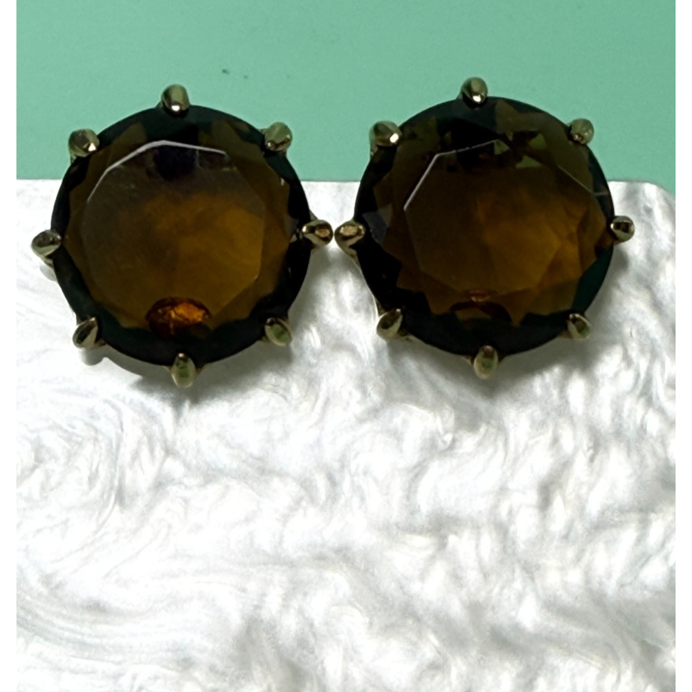 Vintage MCM Oversized Crown Prong Set Smoky Topaz Rootbeer Glass Brooch Earrings - Picture 3 of 7